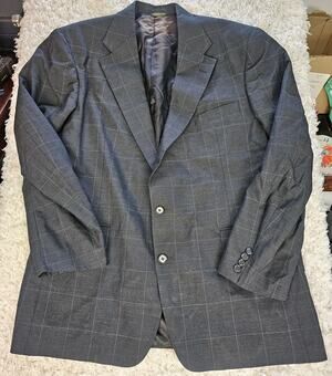 Vintage Bespoke Couture The Hub Ltd Wool Plaid Blazer Sport Coat Gray 44L USA